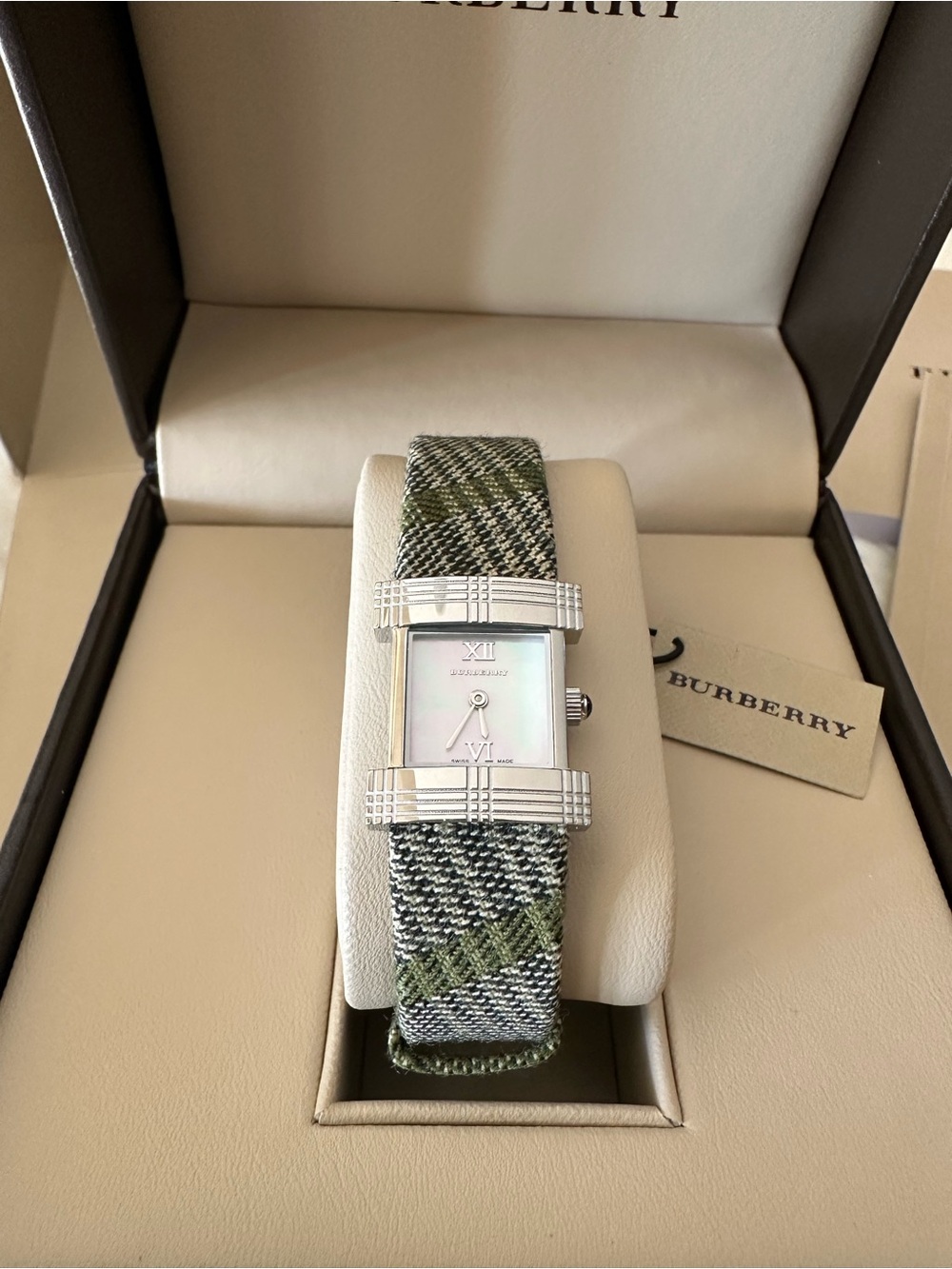 Burberry Silver Watch with Green Plaid Strap